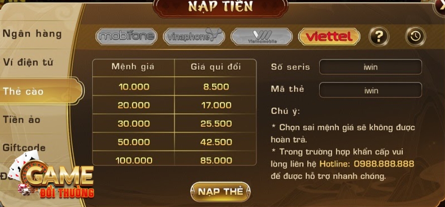 Nạp tiền Iwin Club thông qua thẻ cào điện thoại di động