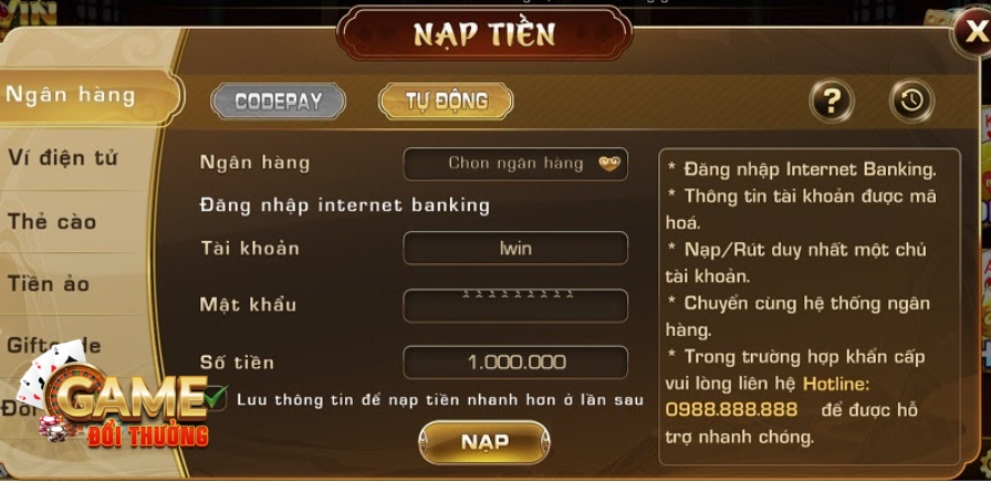 Nạp tiền thông qua ngân hàng tại cổng game bài Iwin