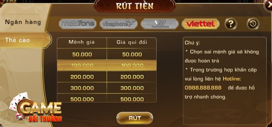 Rút tiền Iwin Club thông qua thẻ cào điện thoại